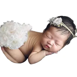 Babymoon Floral Round Bum Cover With Hairband | Baby Photography Props | Set Of 2 | White