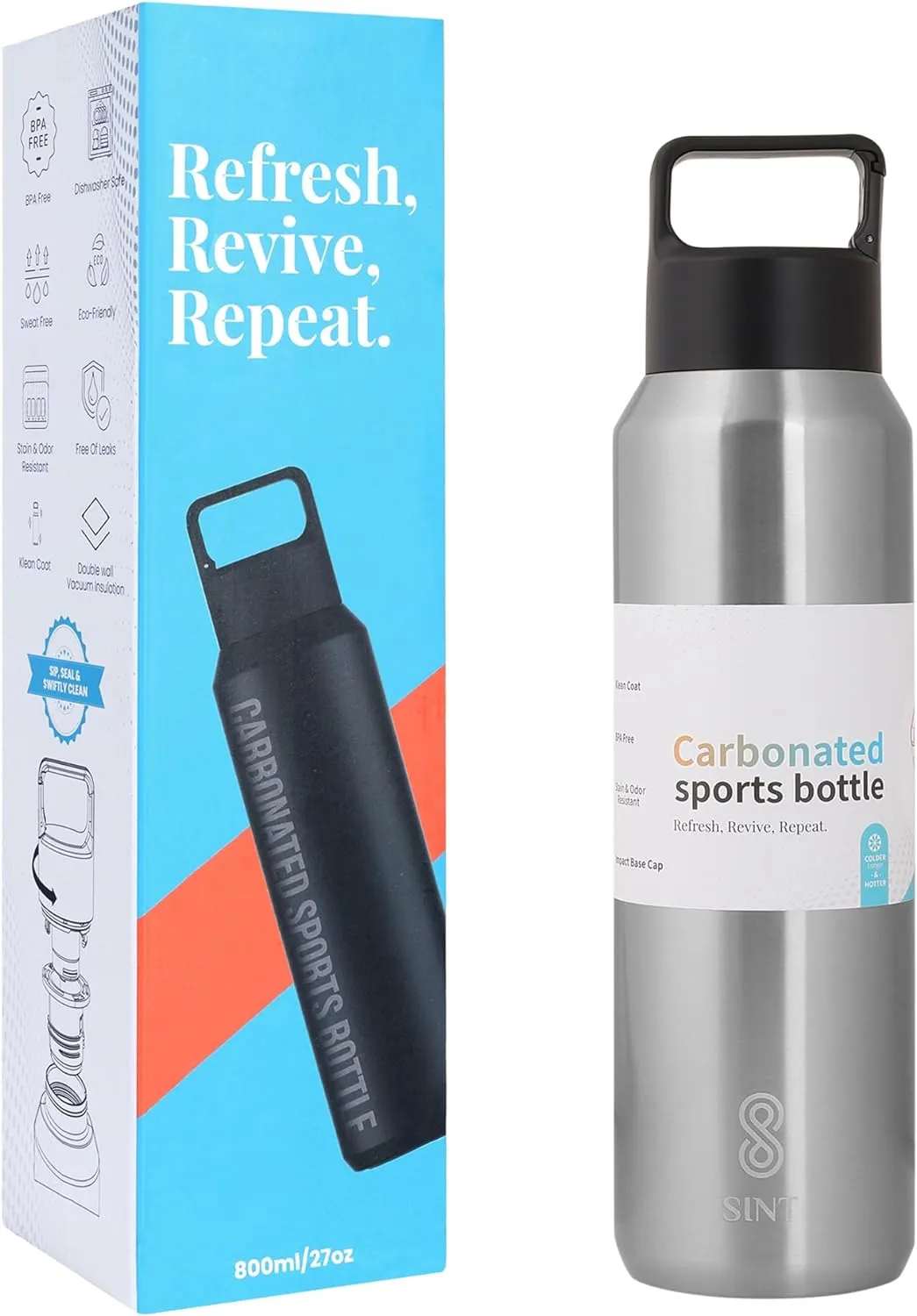 Carbonated Sports Bottle- Leak Proof 27 oz| 800 ML Silver