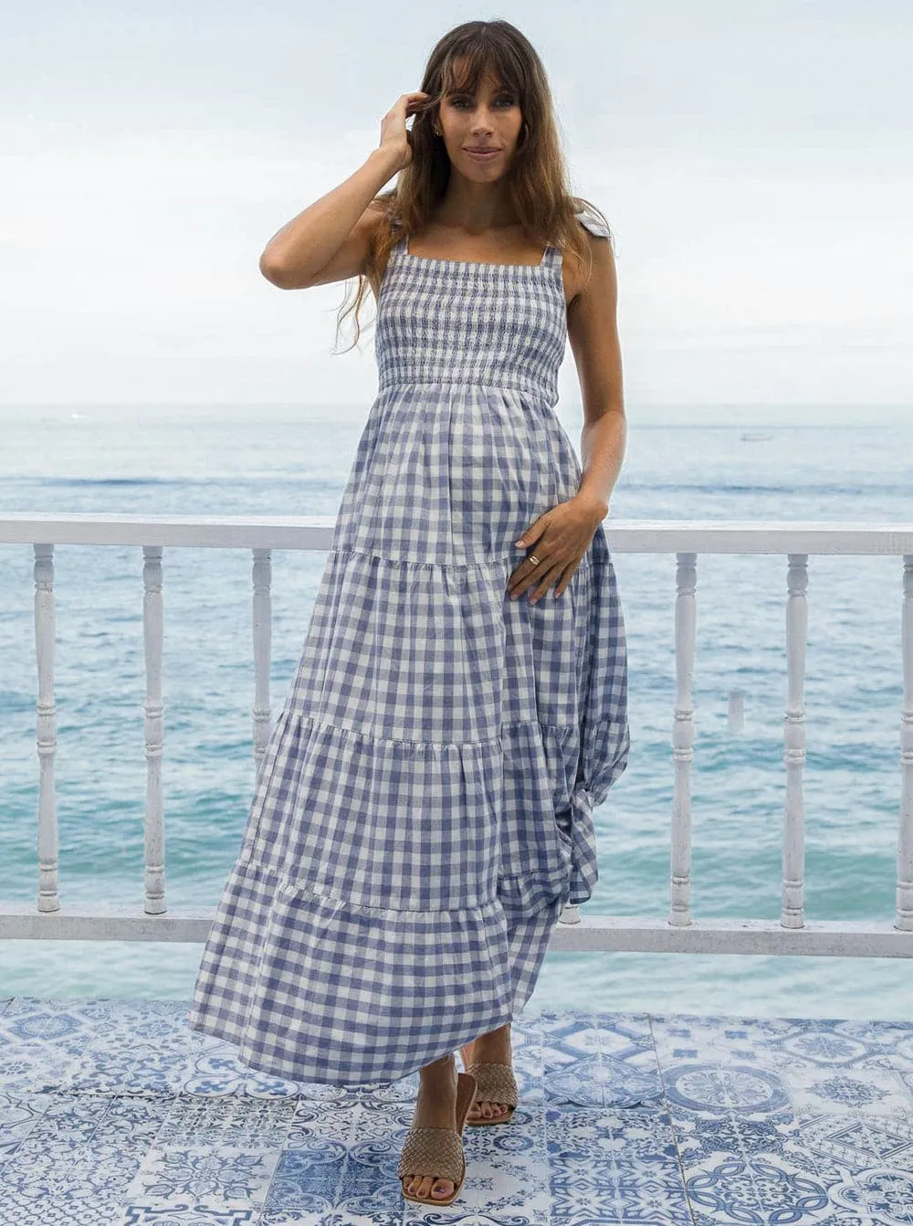'Lilliana' Maternity Maxi Dress - Blue Gingham