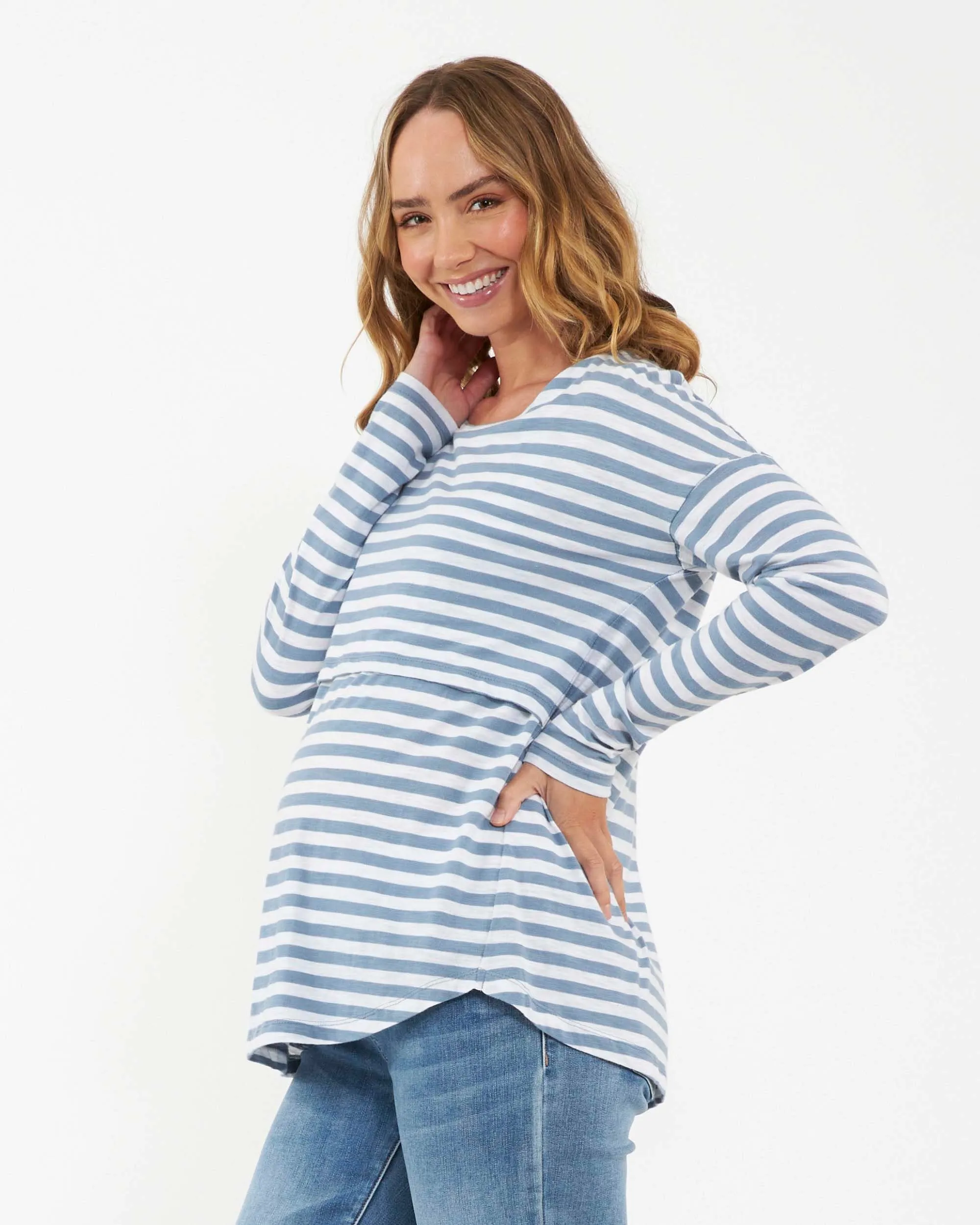 'Lionel' Long Sleeve Nursing Tee - Petrol / White
