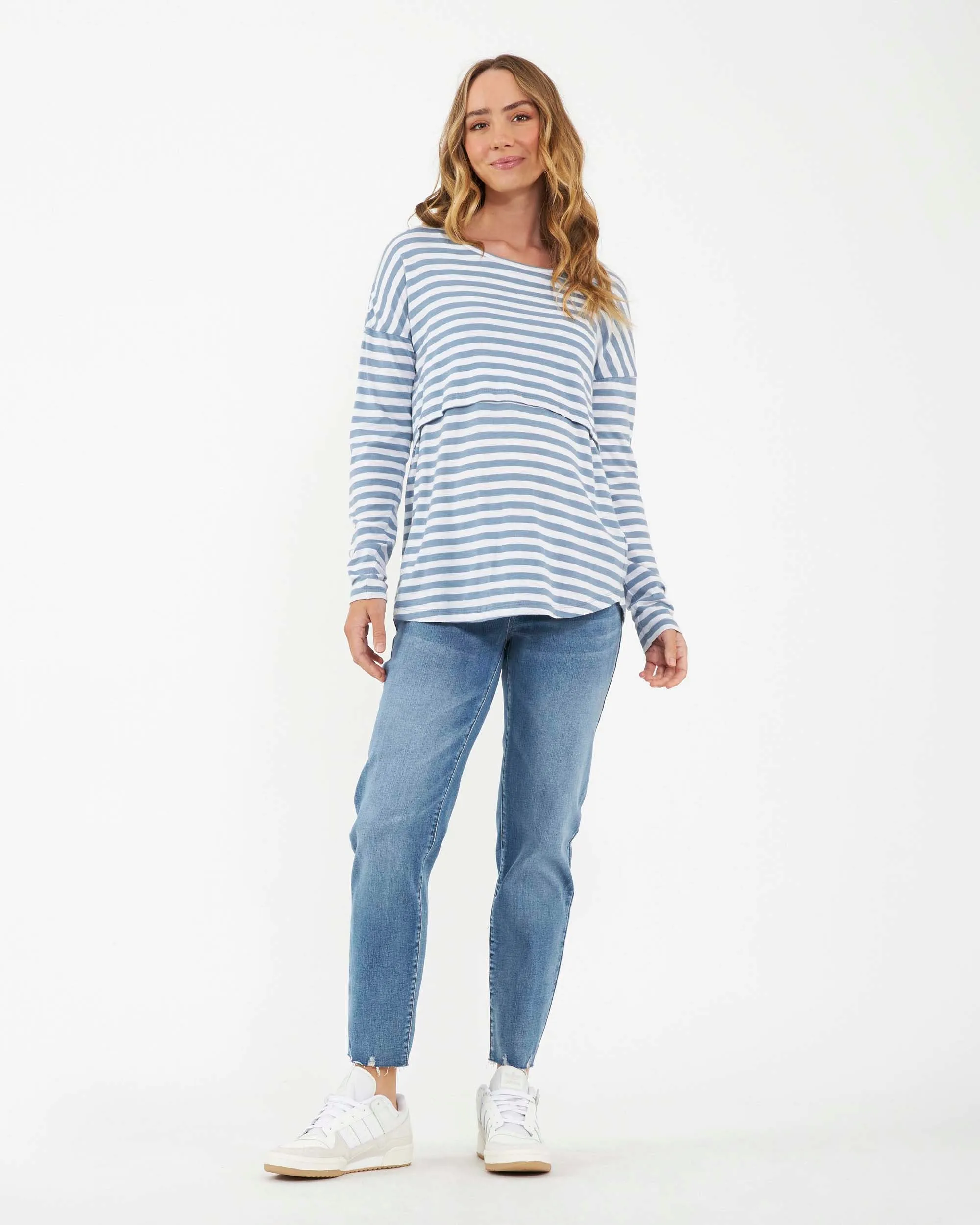 'Lionel' Long Sleeve Nursing Tee - Petrol / White