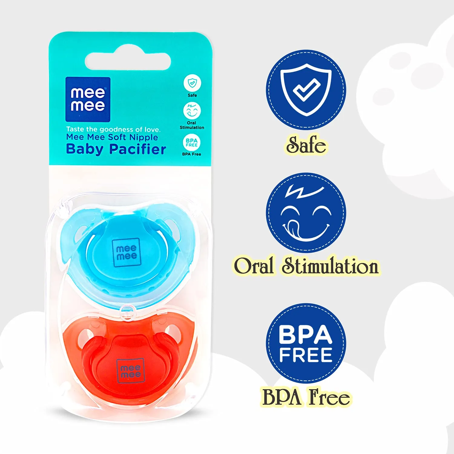 Mee Mee Baby Pacifier Ultra Light Soft Silicone Nipple| BPA Free | Oral stimulatory | Teether | Pack of 2 | 0-6 months   Kids (Blue/Red)