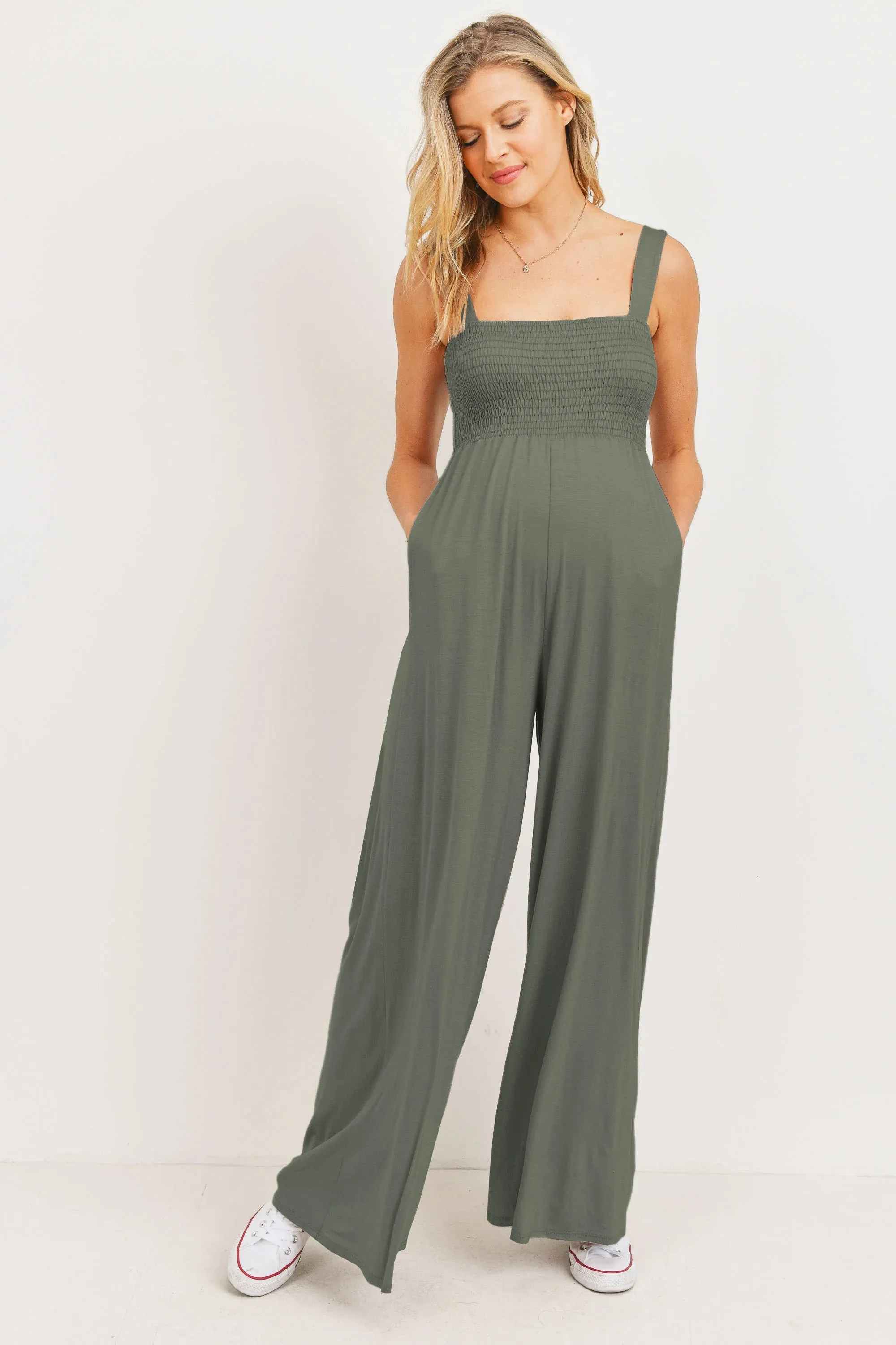 Smocked Square Neck Maternity Wide Leg Jumpsuit