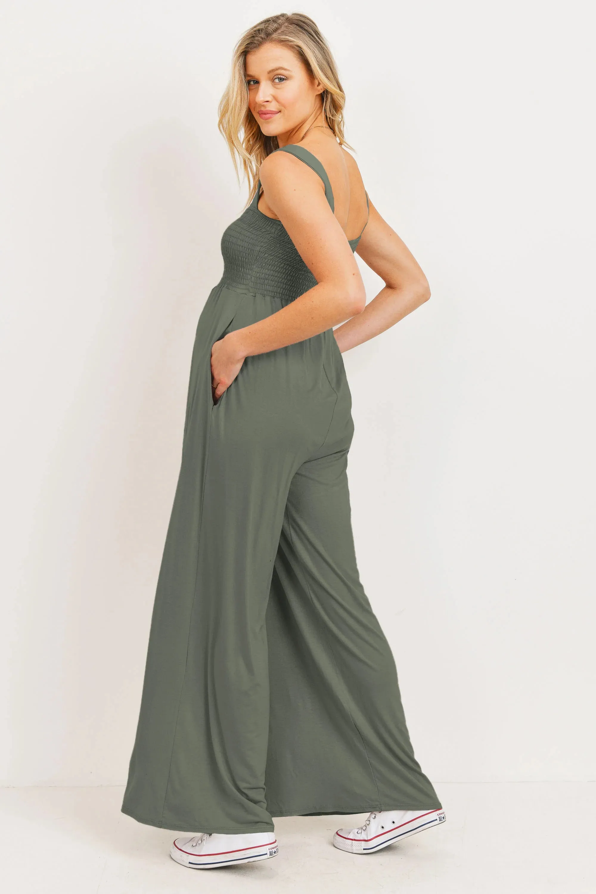 Smocked Square Neck Maternity Wide Leg Jumpsuit
