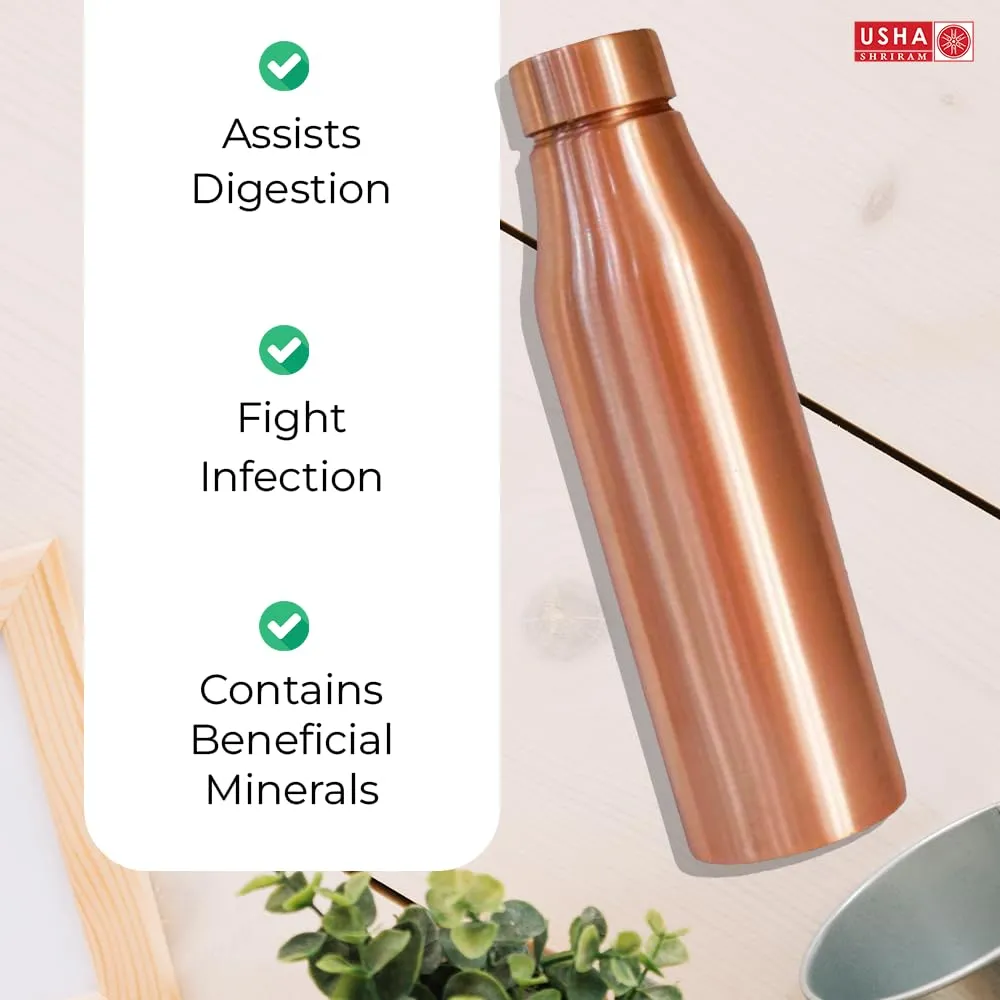 USHA SHRIRAM Pure Copper Water Bottle 1 Litre | Eco-Friendly, Biodegradable & Non-Toxic | Water Bottle for Kids & Adults | Lightweight, Leak-Proof & Rust-Free Tamba Bottle (2 Pcs)