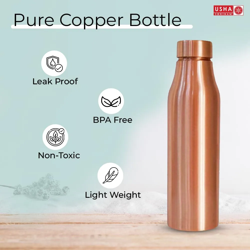 USHA SHRIRAM Pure Copper Water Bottle 1 Litre | Eco-Friendly, Biodegradable & Non-Toxic | Water Bottle for Kids & Adults | Lightweight, Leak-Proof & Rust-Free Tamba Bottle (2 Pcs)