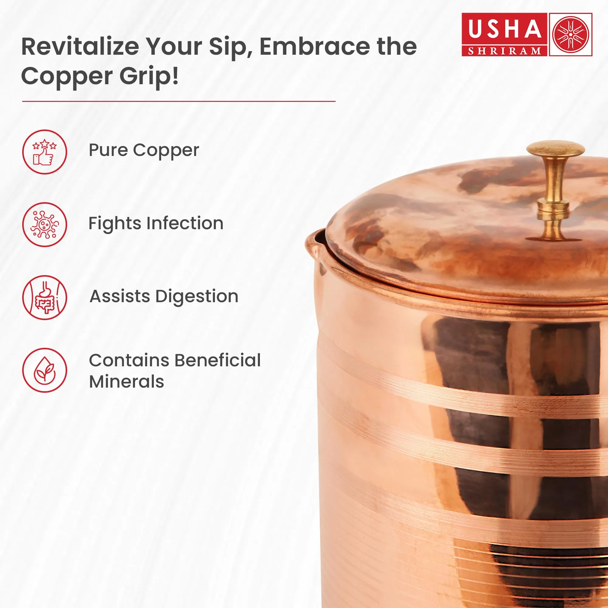 USHA SHRIRAM Pure Copper Water Jug (2Pcs) 2 Litre | Eco-Friendly, Biodegradable & Non-Toxic | Water Bottle for Kids & Adults | Lightweight, Leak-Proof, Durable & Rust-Free Tamba Bottle Jug