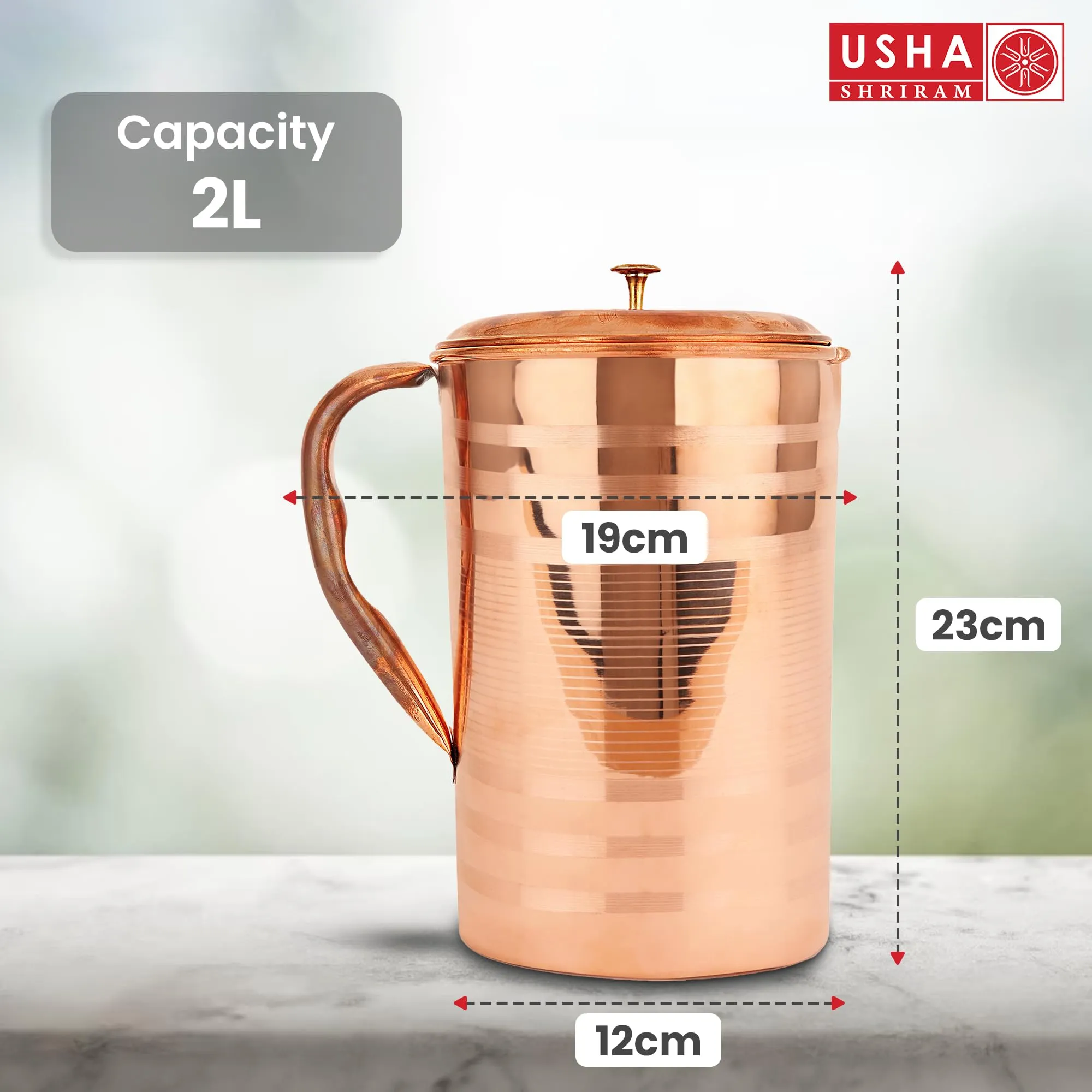 USHA SHRIRAM Pure Copper Water Jug (2Pcs) 2 Litre | Eco-Friendly, Biodegradable & Non-Toxic | Water Bottle for Kids & Adults | Lightweight, Leak-Proof, Durable & Rust-Free Tamba Bottle Jug